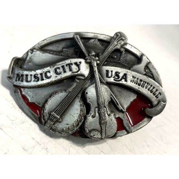 Vintage Belt Buckle Nashville Music City USA, Banjo Fiddle, by Siskiyou 1984 - Picture 2 of 5